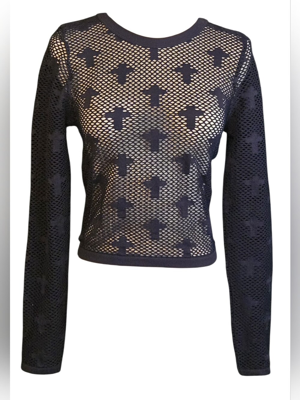 NWT FCT With Love Basics Flocked Cross Mesh Crop Top Long Sleeve Black